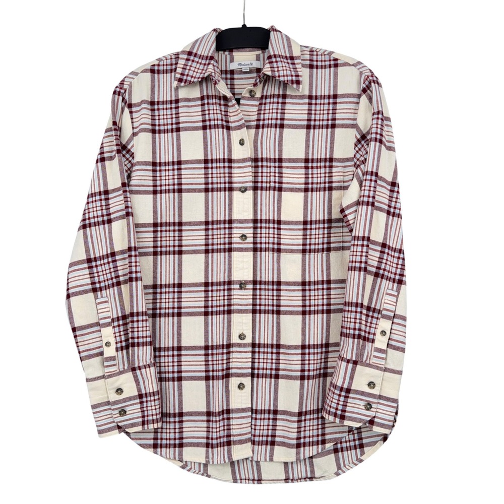 Madewell Plaid Button Down Women XS 100% Organic Cotton Cream Burgundy